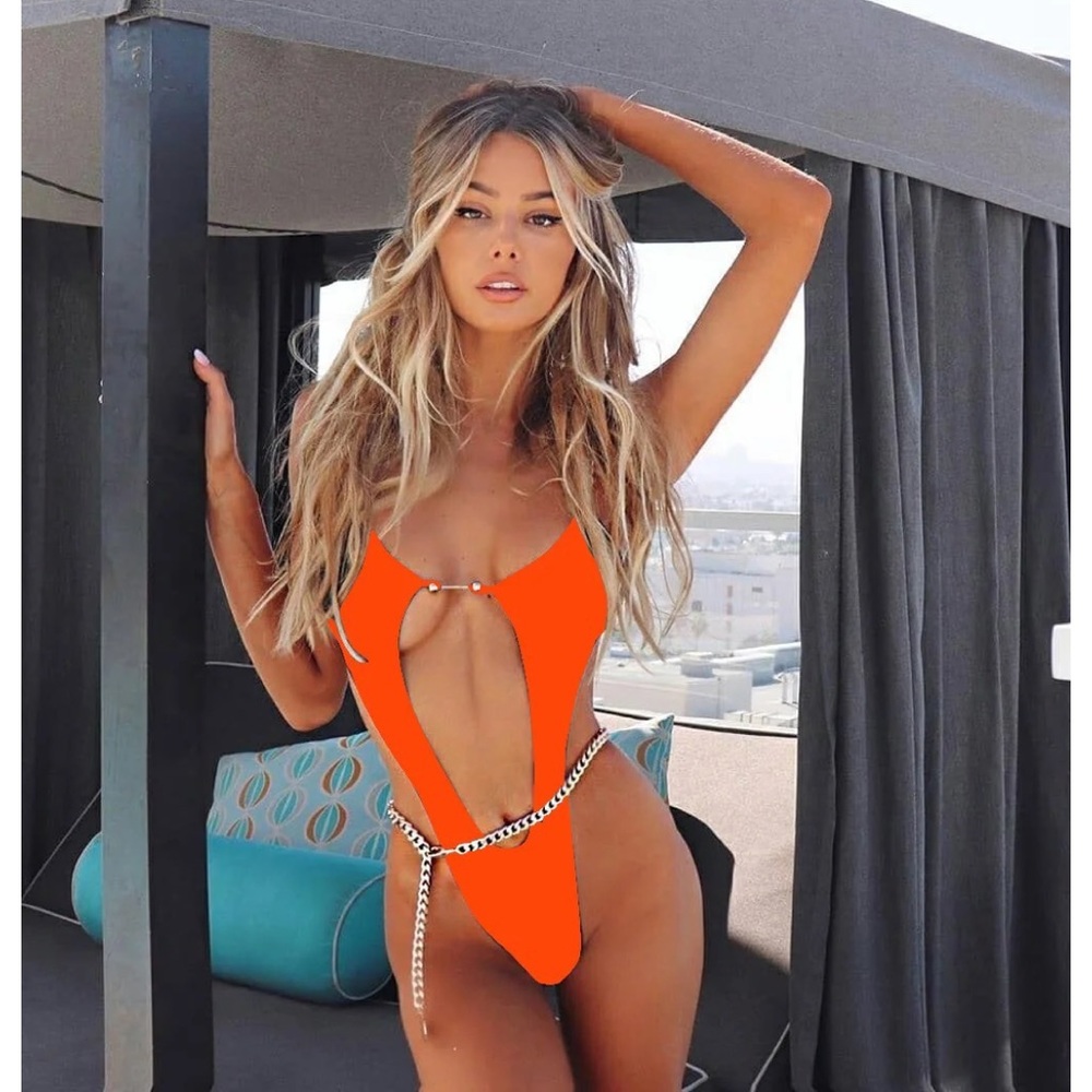 NWT orange cut out gold chain monokini bodysuit sexy body barbell stud swimsuit